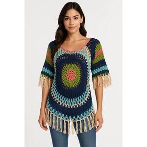 Venus Multicolor Fringe‎ Crochet Open Knit Elbow Length Round Neck Tunic Top S